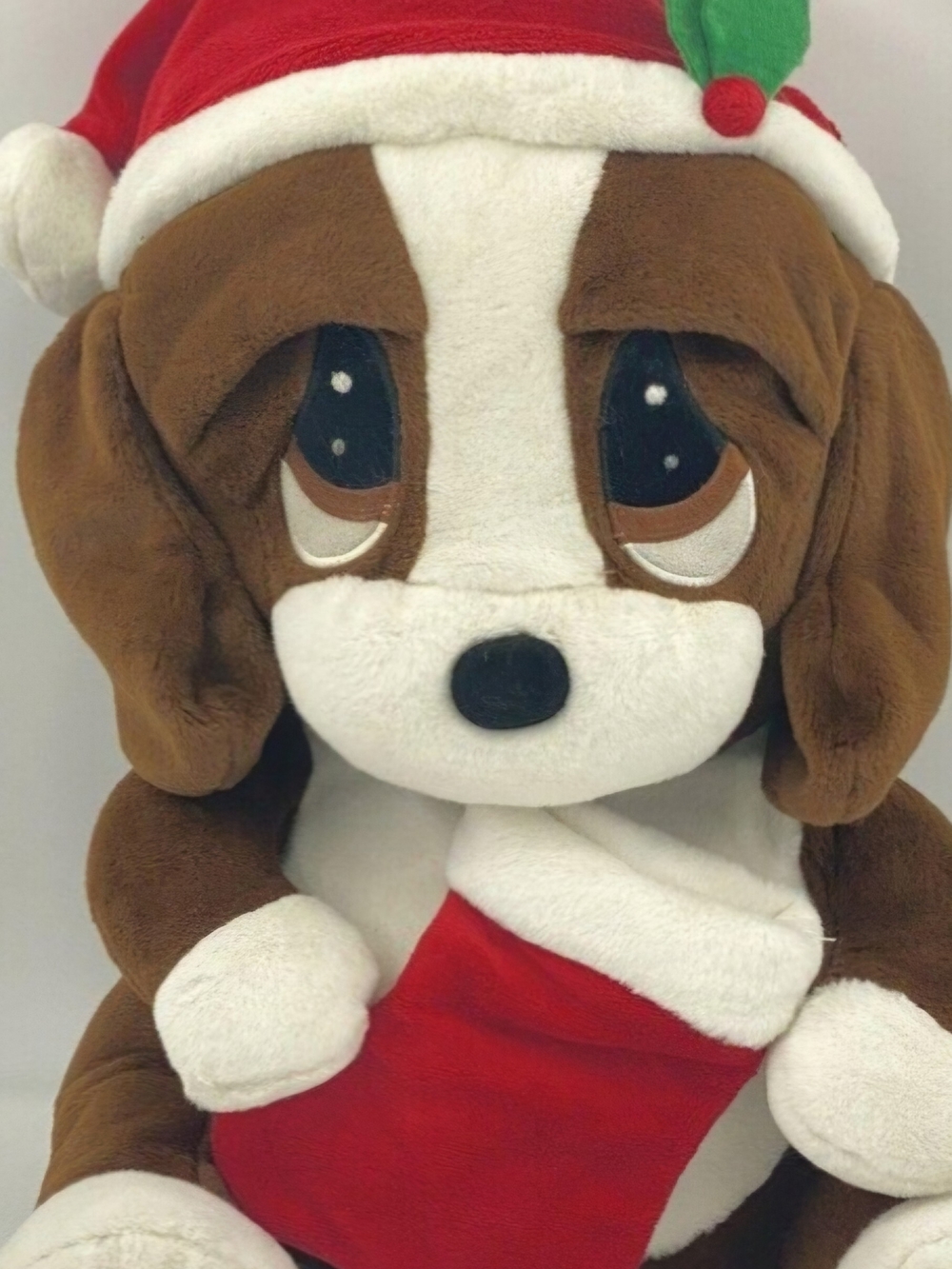Plush Rare Vintage Sad Eyes Brown & White Holiday Dog Toy with Red Hat Stocking